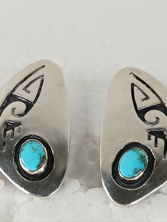 Native American Jewelry - Earrings Clip On Vintage Navajo Sterling Turquoise Elongated Shadowbox Symbols